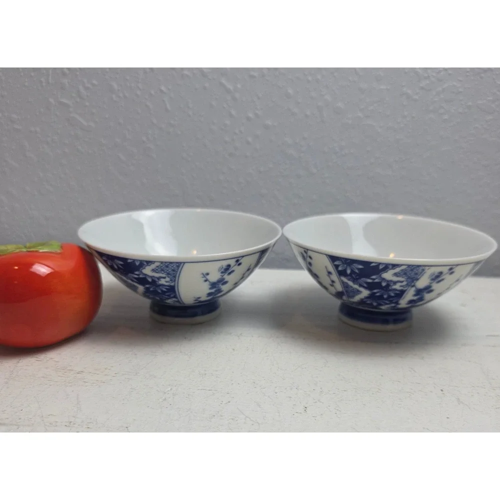 Vintage Blue and‎ White Porcelain Rice Bowls Set of 2 Floral Chinoiserie
